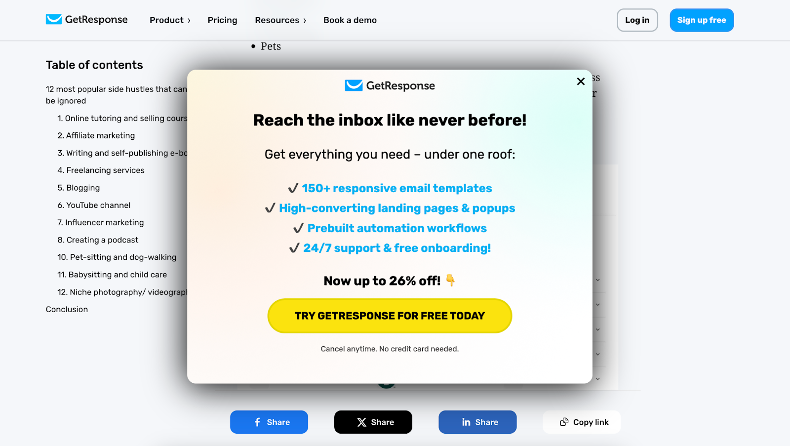 Example of a GetResponse lead generation popup form with email capture field and call-to-action button